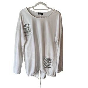 Bella Amore White Long Sleeve Pullover with Silver Sequins One Size Distressed